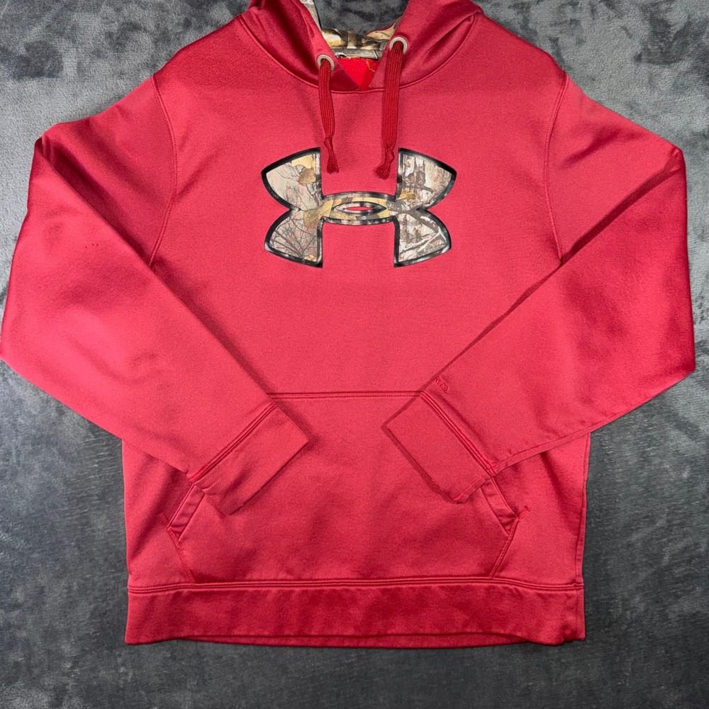 Mens Large Under Armour Hoodie Red Fair Camo Storm Fleece Pullover Hunting Gear